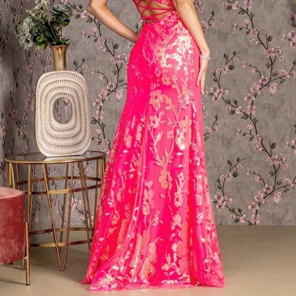 NEW LONG FORMAL SLEEVELESS MERMAID MESH DRESS EMBROIDERED WITH SEQUINS GL3219 - Picture 6 of 10